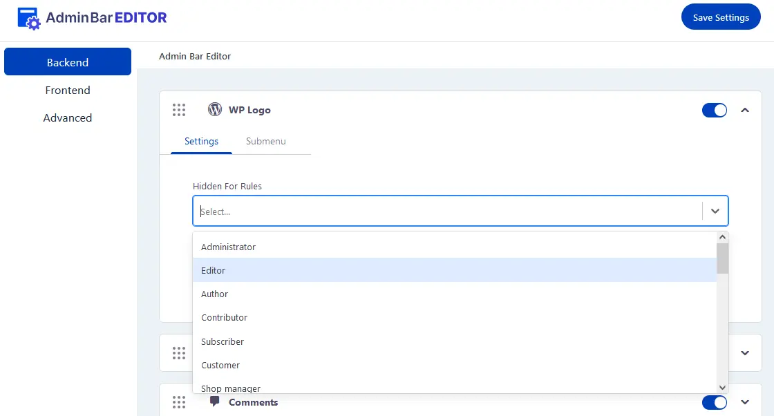 Hide admin bar items for different users