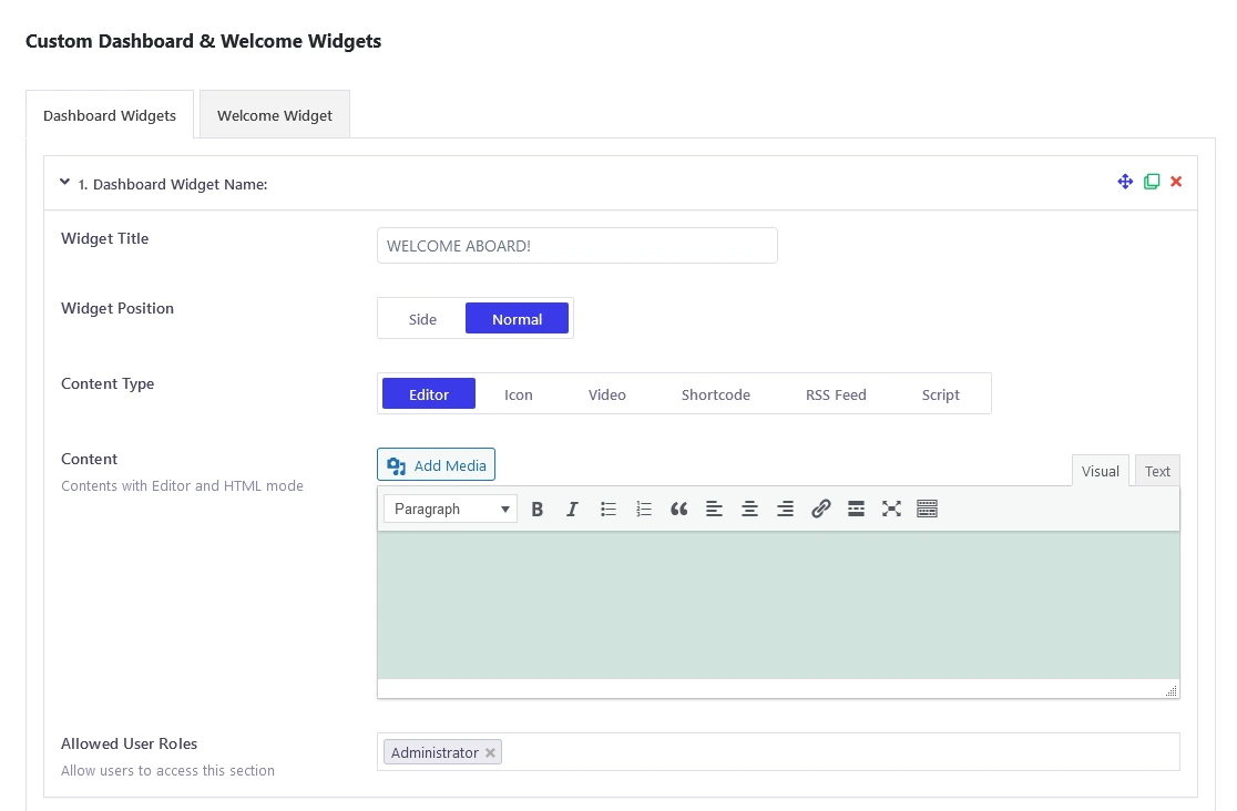 Custom dashboard and welcome widgets