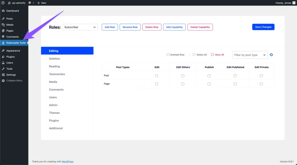 Access RoleMaster Suite plugin option in Admin Menu