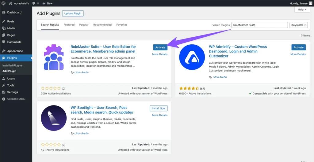 RoleMaster Plugin installation without WP Adminify