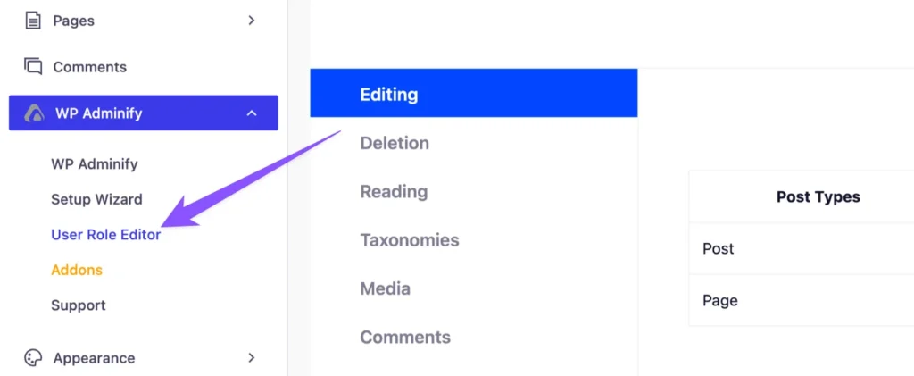 User Role editor option panel from WP Adminify