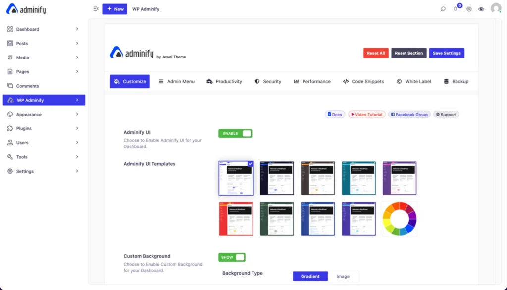WP Adminify UI customization options in the WordPress dashboard