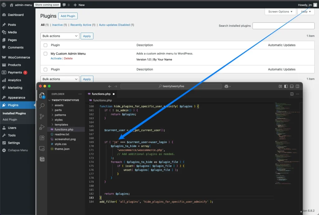 hide WordPress plugins for a specific username