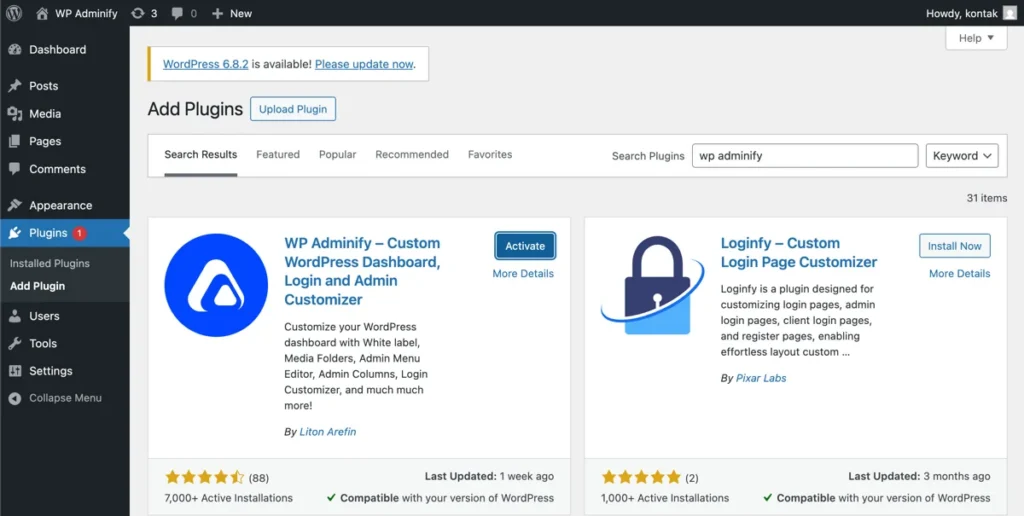 Installing WP Adminify plugin in infinityFree WordPress