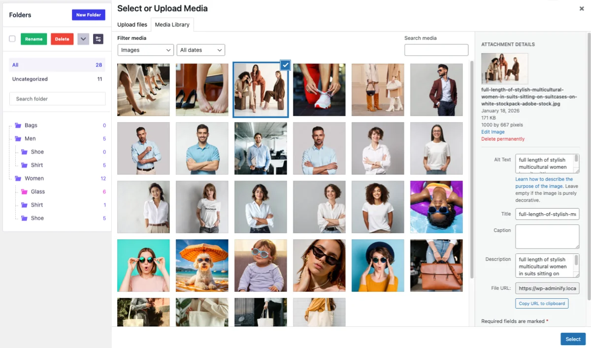 WP Adminify media folders available inside WordPress media uploader popup