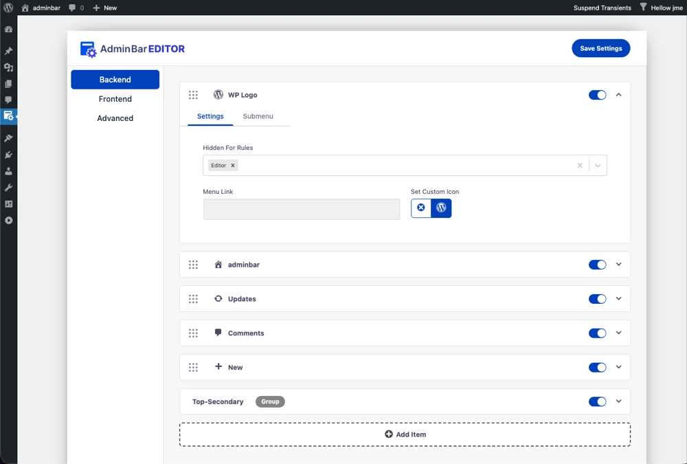 WP Logo item expanded in Admin Bar Editor showing Hidden For Rules set to Editor and a custom icon option
