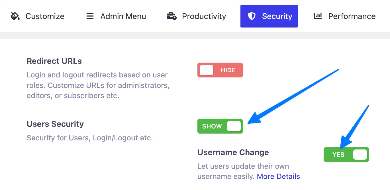 WP Adminify Security panel with Users Security row expanded and Username Change toggle set to Yes