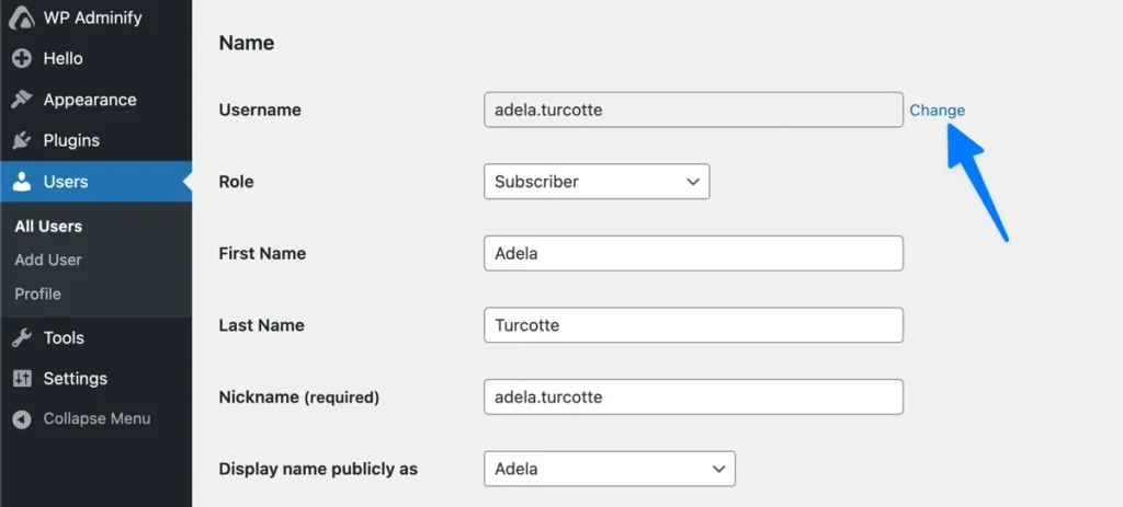 User edit screen showing the Change link beside the  username and the new input field with Save Change button]