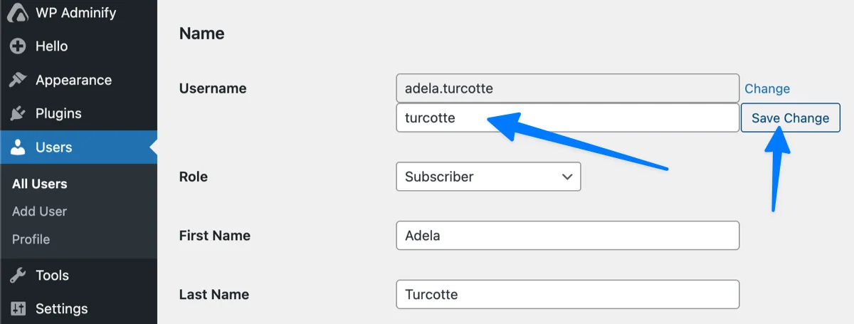 Preview of the new Username Change module on the WordPress Edit User screen