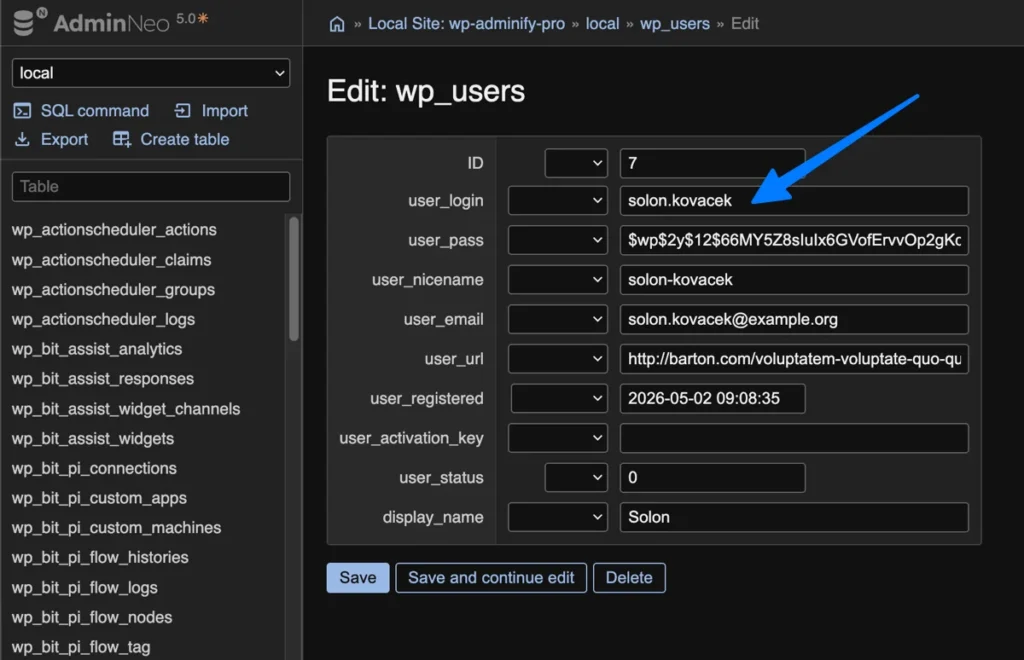 phpMyAdmin showing the wp_users row with user_login field highlighted for edit]