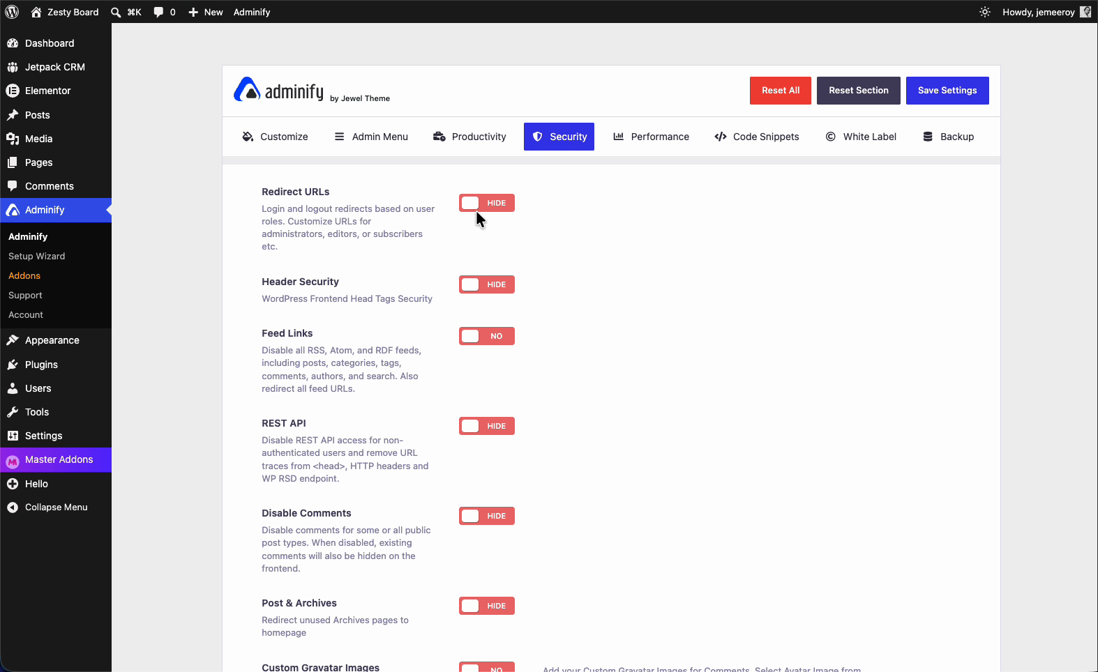 WP Adminify Security tab with the Redirect URLs option toggled to Show, revealing the Login/Register URL and Roles Redirect sub-tabs