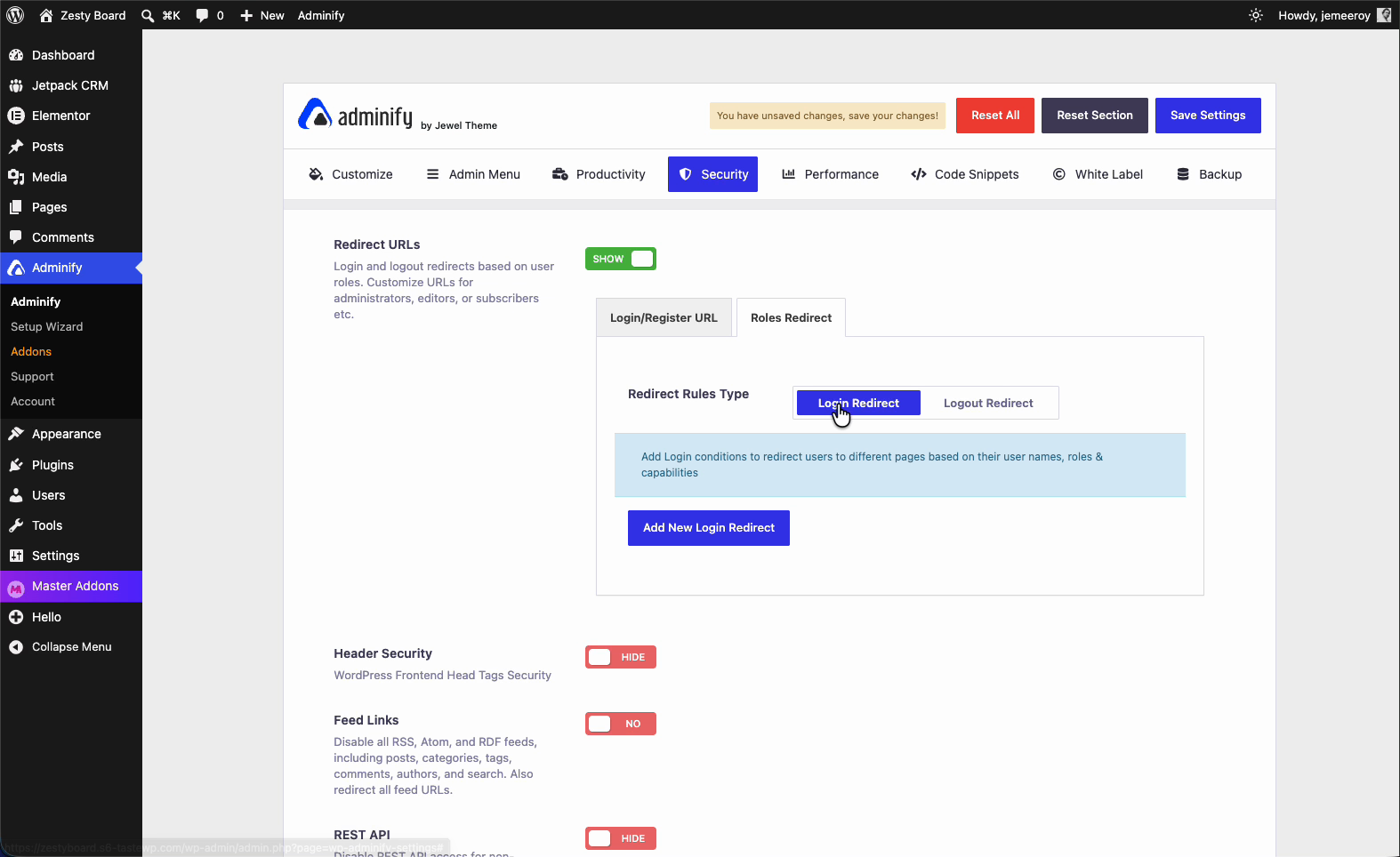 Roles Redirect tab in WP Adminify showing the Login Redirect rule type selected and the Add New Login Redirect button