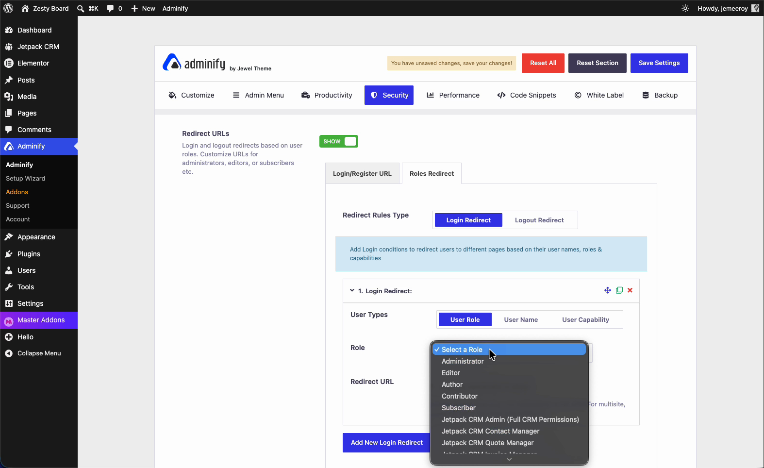 WP Adminify login redirect rule with User Role selected and the Role dropdown open listing Administrator, Editor, Author, Contributor, Subscriber and custom roles