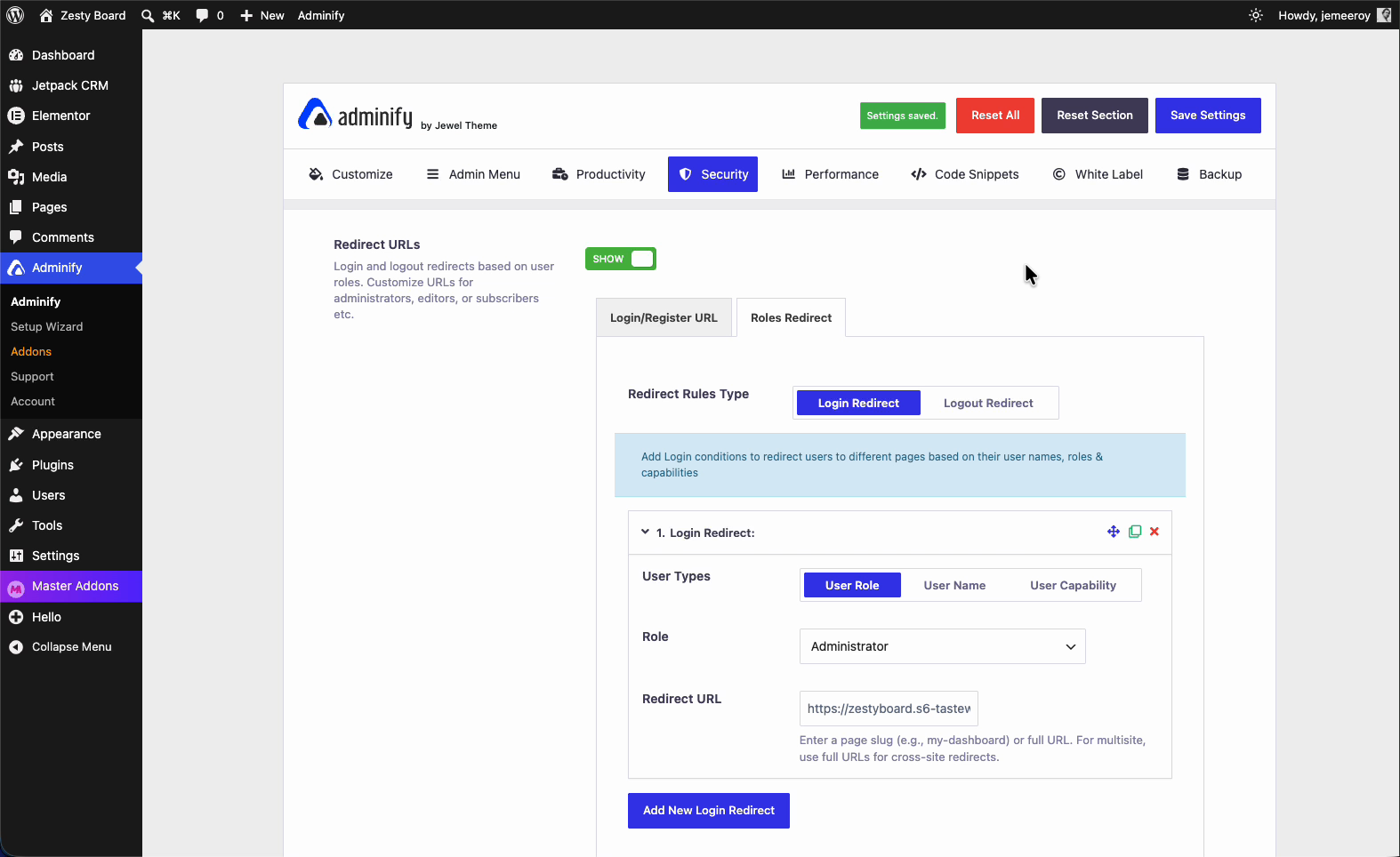WP Adminify redirect URL field filled with a destination page for the Administrator role and the Settings saved confirmation showing