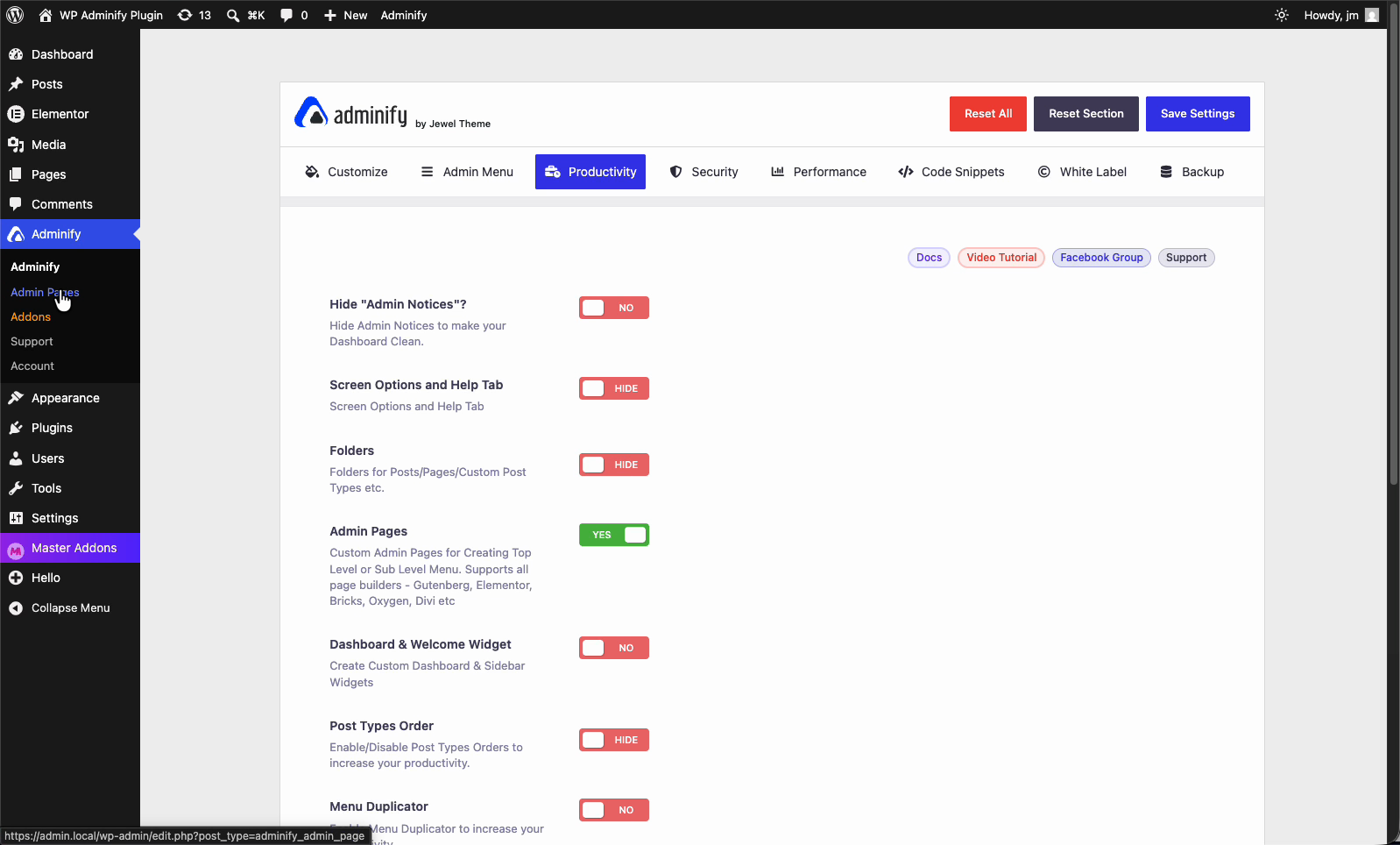 The Admin Pages list screen in WP Adminify with the Add Admin Page button and an empty page table