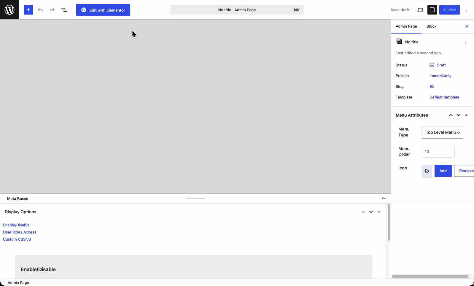 Setting the Menu Type, Menu Order, and Icon in the WP Adminify Admin Page panel