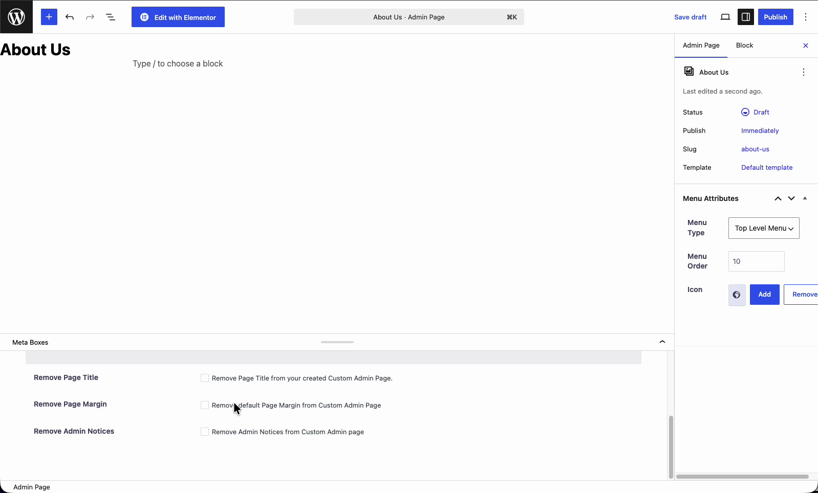 The Display Options meta box showing Remove Page Title, Remove Page Margin, and Remove Admin Notices checkboxes