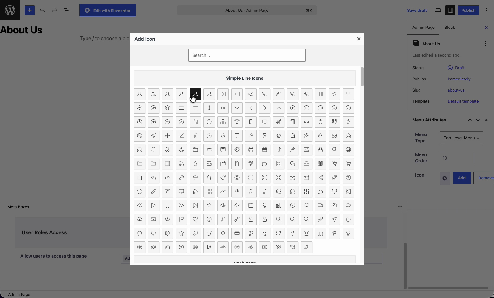 The User Roles Access panel allowing the page to be shown only to the Administrator role