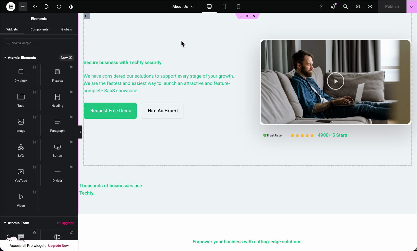 Designing the custom admin page inside the Elementor editor using the widget panel