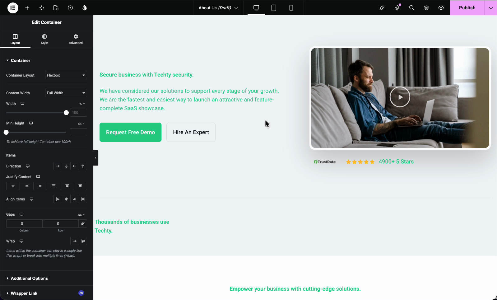 A finished About Us admin page designed in Elementor with a hero section, video, and call-to-action buttons, ready to publish