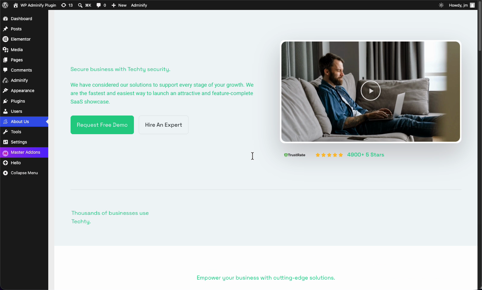 The finished custom admin page live in the WordPress admin sidebar, showing the Elementor design inside wp-admin