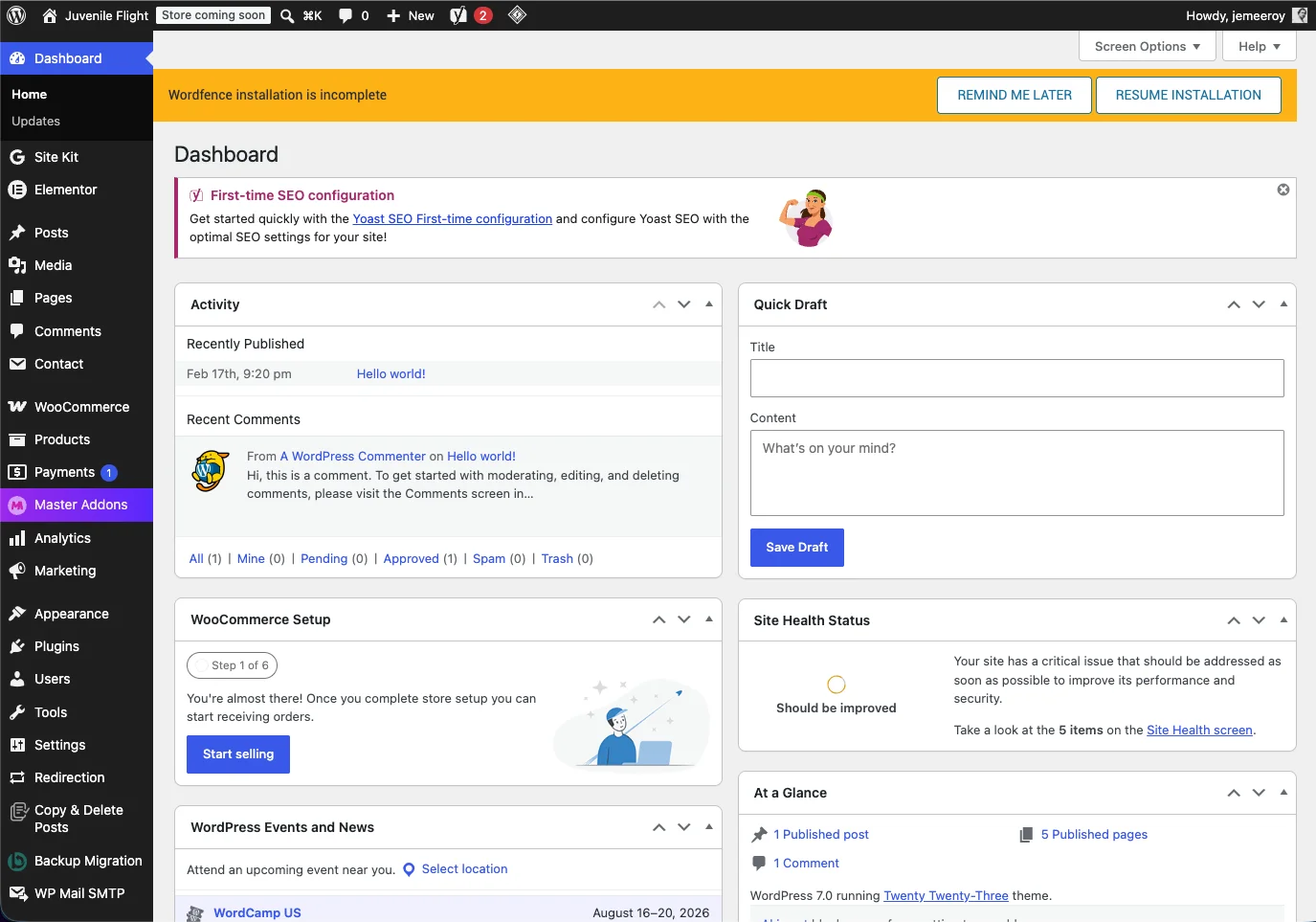 default WordPress dashboard preview