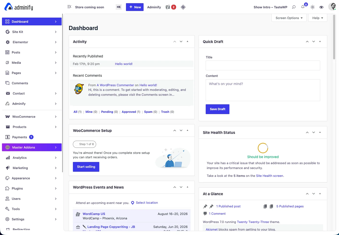 The WordPress admin dashboard after activating WP Adminify, showing a modern UI template, organized menu, and custom branding replacing the default gray interface