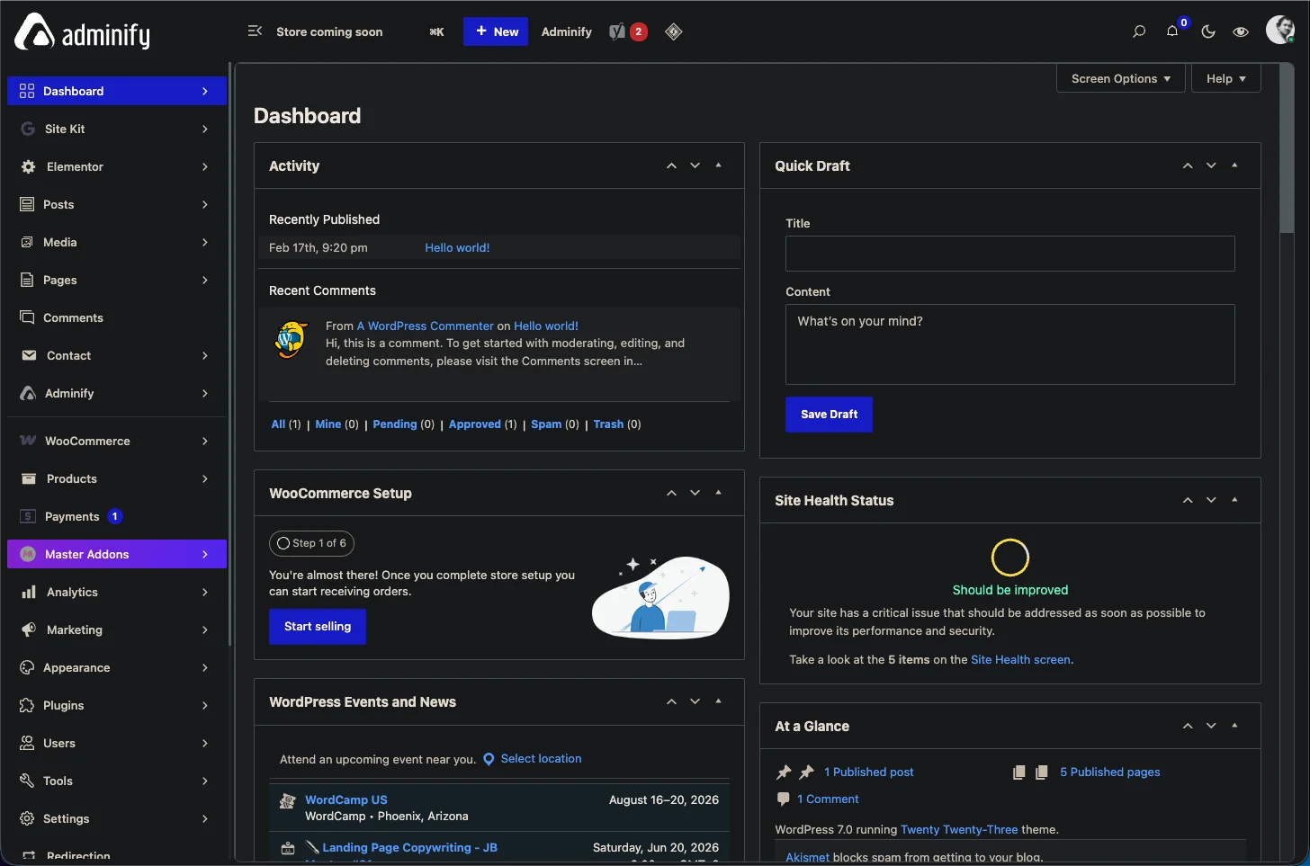 WP Adminify dashboard customization panel showing UI template options and the dark mode scheduling toggle