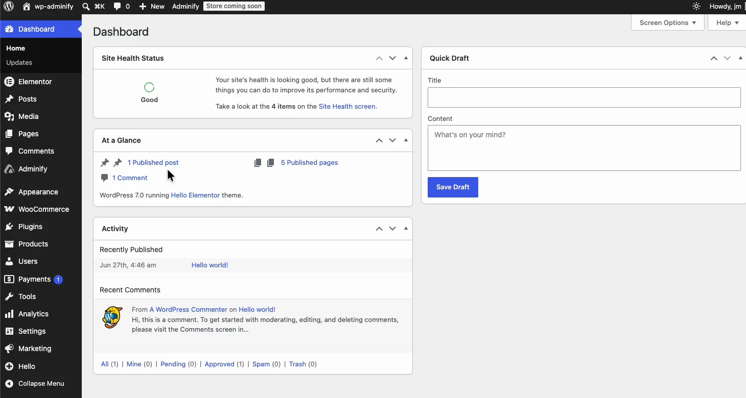 Default WordPress dashboard before white labeling, showing Site Health, At a Glance, WordPress News and welcome widgets
