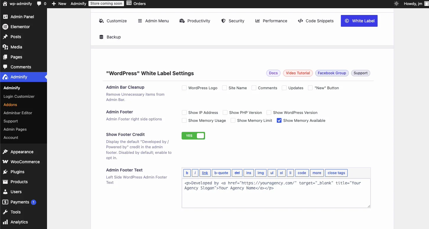 WP Adminify WordPress White Label settings page showing Admin Bar Cleanup, Admin Footer options, footer credit toggle and footer text editor