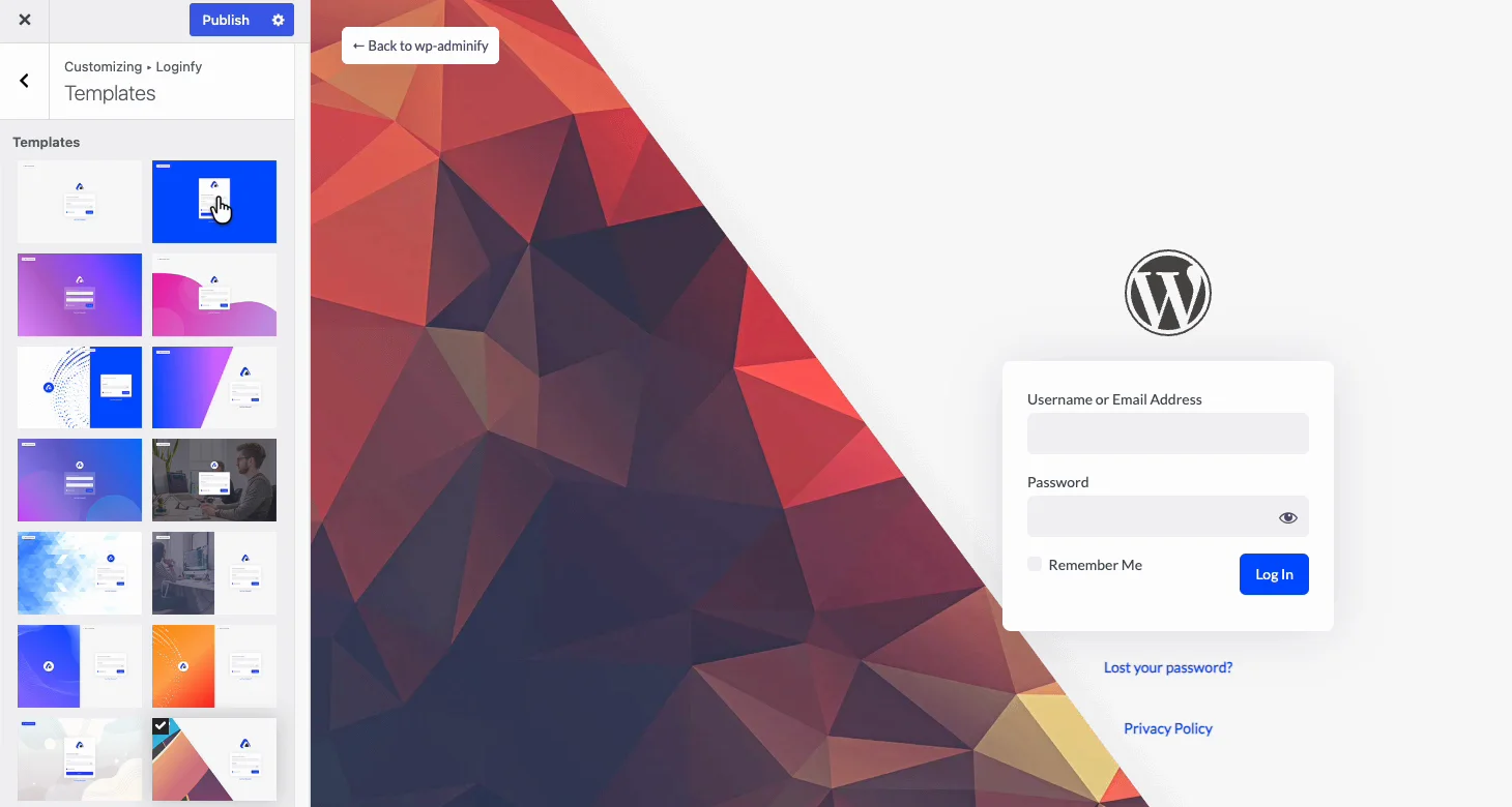 White label WordPress login page being designed in the Loginfy customizer with template gallery and branded background