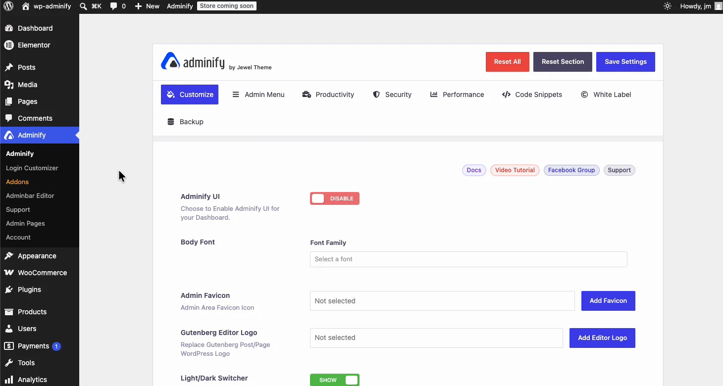 WP Adminify Customize panel showing admin favicon and Gutenberg editor logo replacement fields for white label WordPress branding