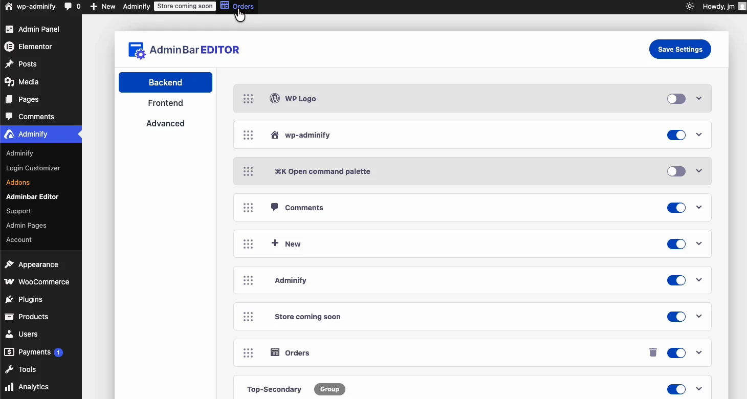 Admin Bar Editor with the WordPress logo toggle switched off to remove WordPress branding from the toolbar