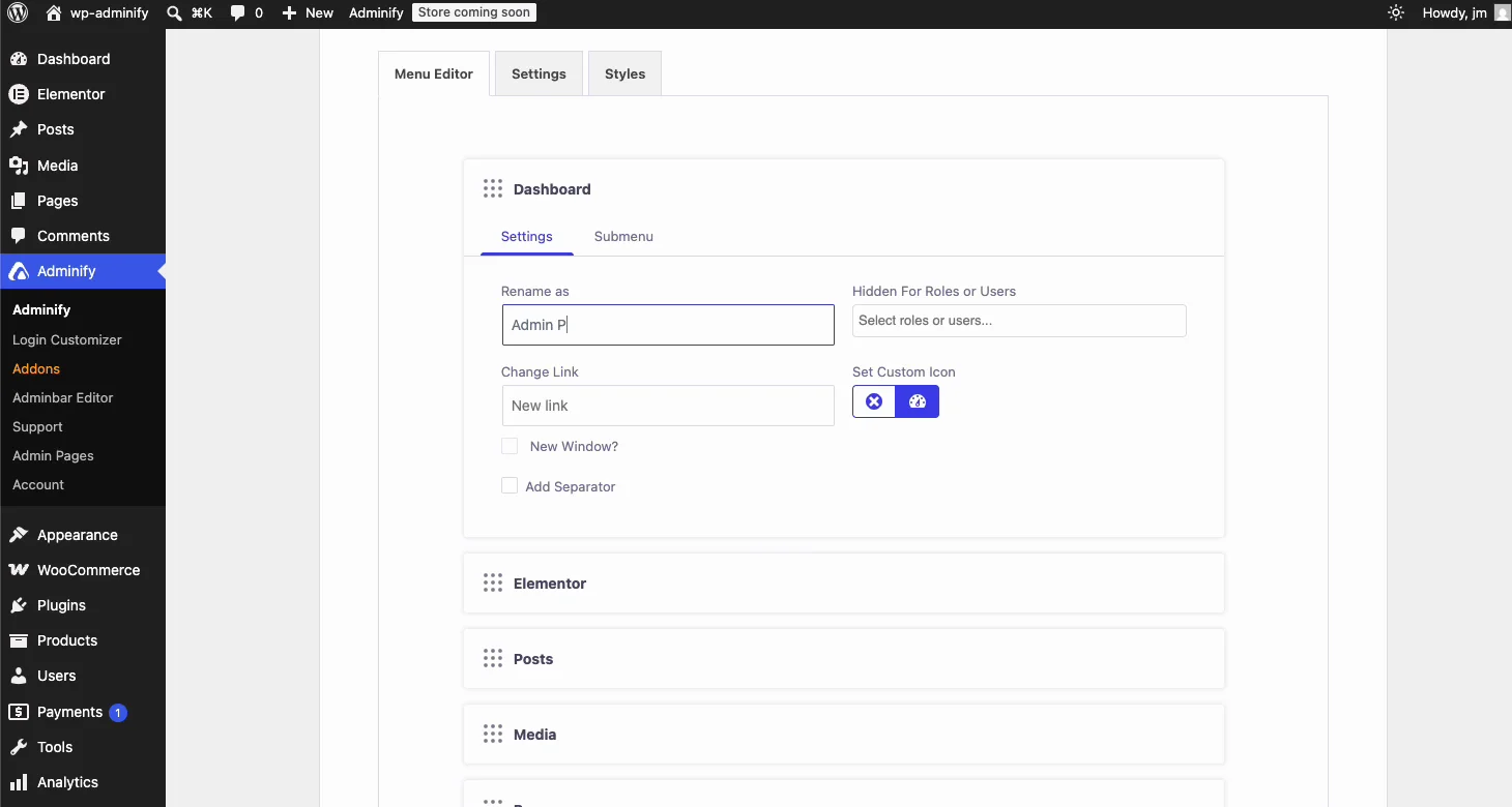 WordPress Admin Menu Editor renaming the Dashboard menu item and setting a custom icon for a white-labeled admin experience