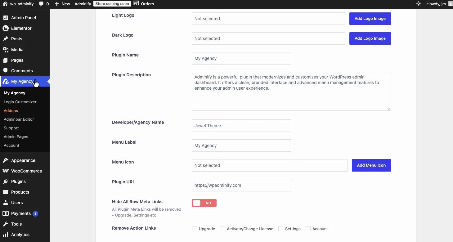 WP Adminify plugin white label settings renaming the plugin to My Agency, with the admin menu sidebar now showing the agency brand instead of Adminify