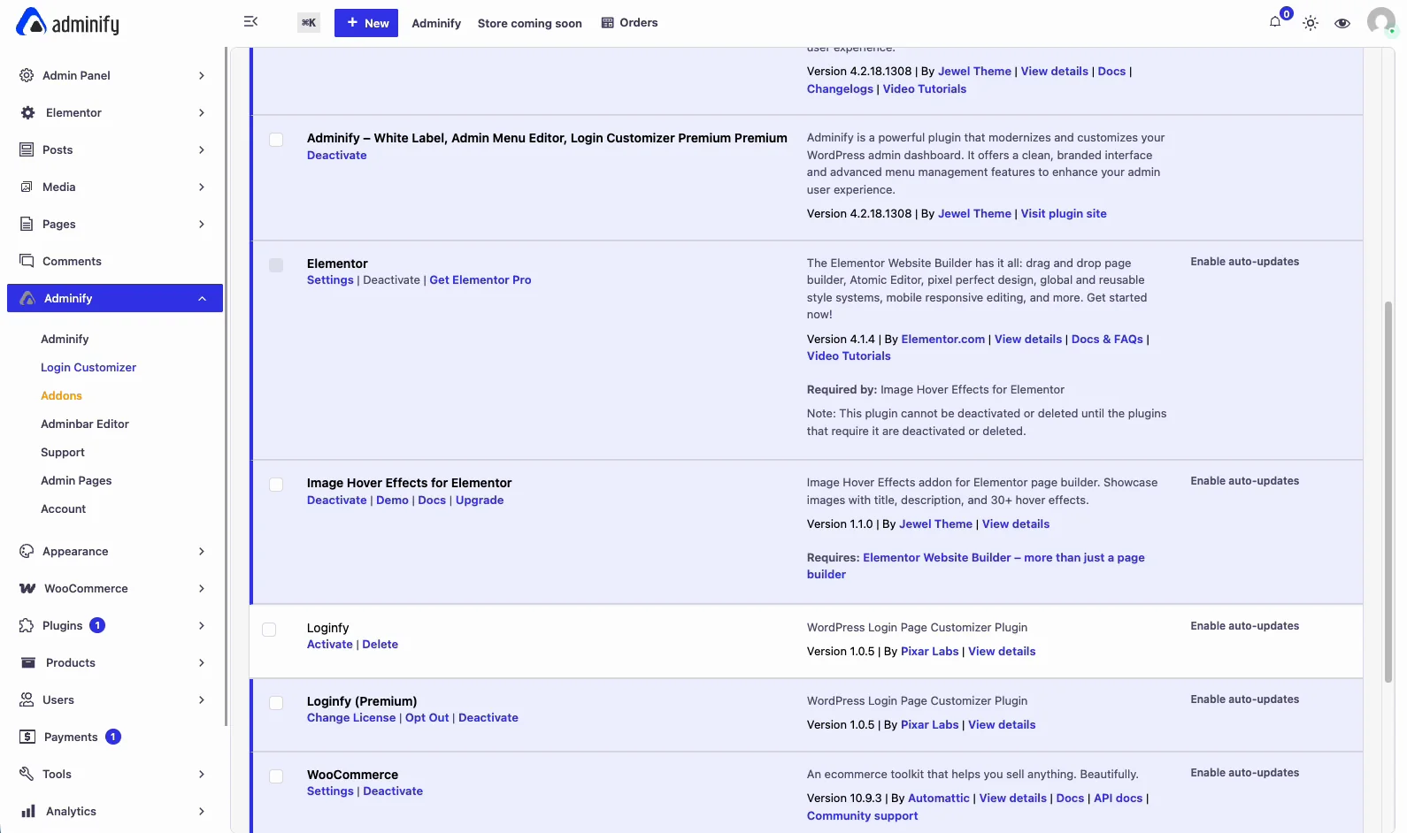 WordPress admin with the Adminify menu expanded, showing the Login Customizer link above the plugins screen