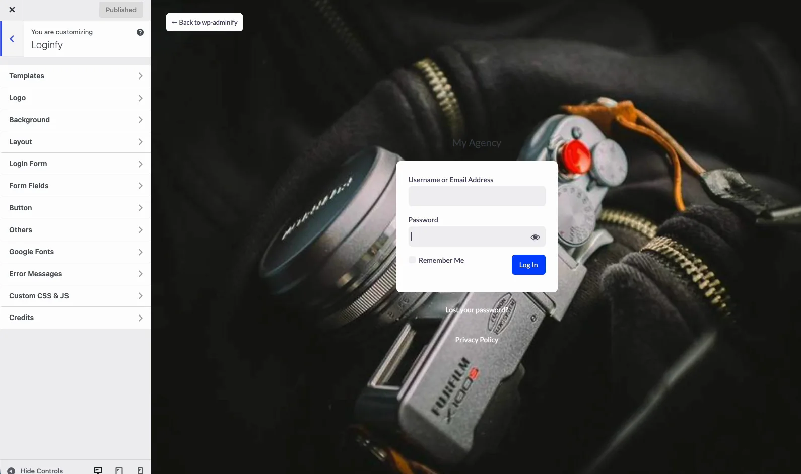 Loginfy customizer panel listing Templates, Logo, Background, Layout, Login Form and other sections, with the login page preview alongside