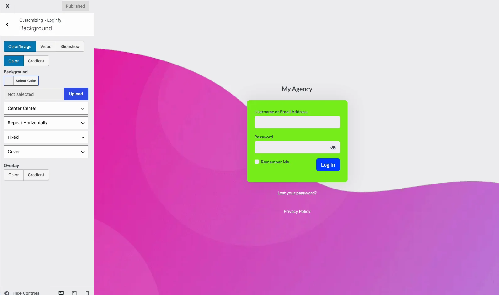 Loginfy Background section on the Color/Image tab, showing color picker, upload field, position, repeat, attachment and size dropdowns