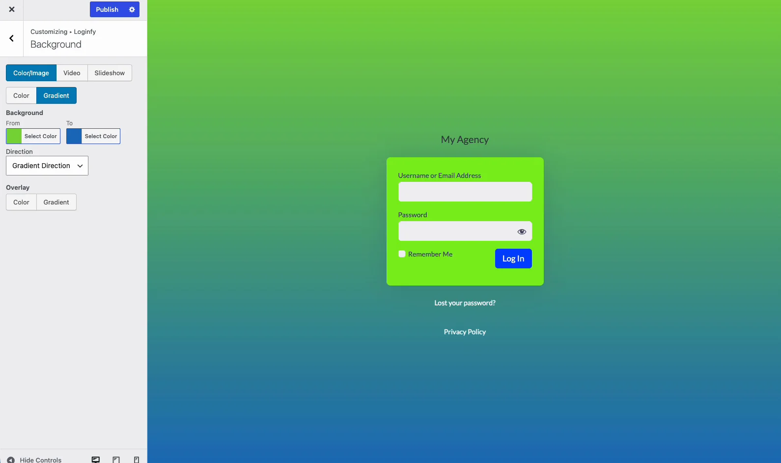 Loginfy gradient background with From and To color pickers, previewing a green to blue login page