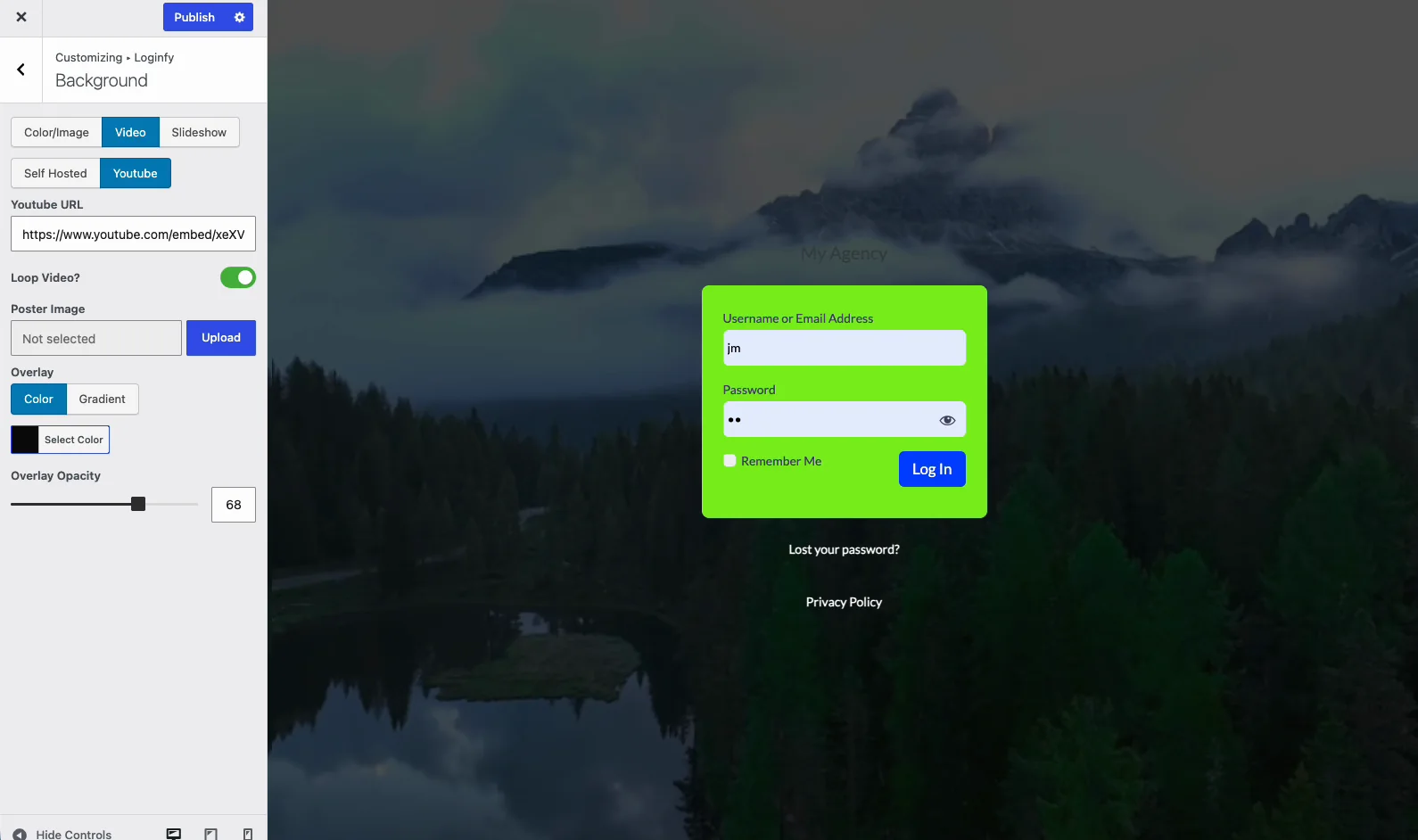 Loginfy overlay color set to black with opacity at 68, darkening a video background behind the login form