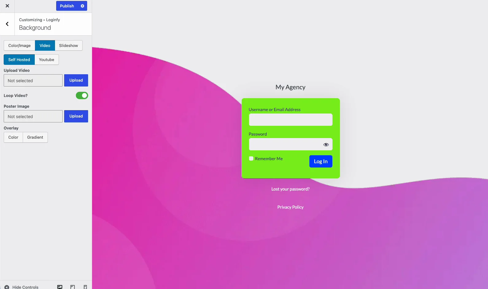 Loginfy Video tab with Self Hosted selected, showing Upload Video, Loop Video toggle and Poster Image controls