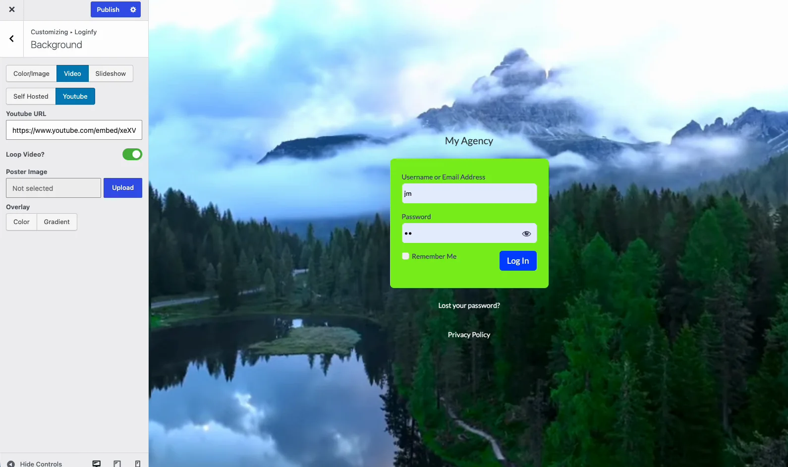 Loginfy YouTube video background playing behind a WordPress login form in the customizer preview