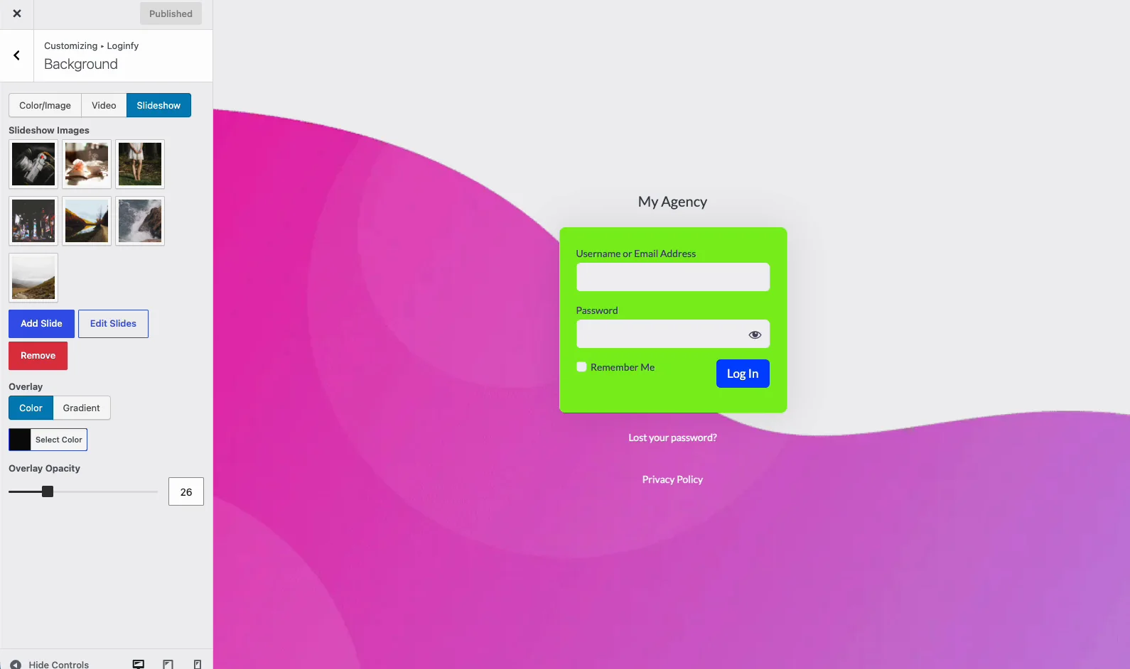 Loginfy Slideshow tab with seven gallery thumbnails, Add Slide, Edit Slides and Remove buttons