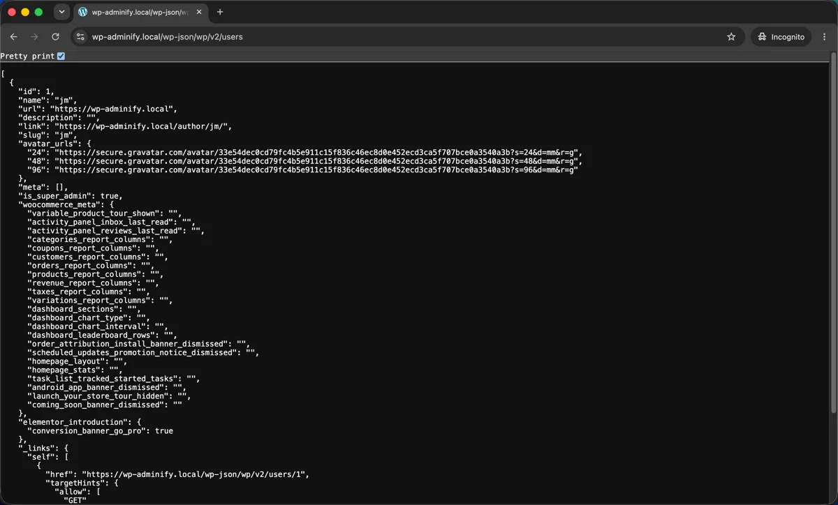 WordPress REST API wp-json wp v2 users endpoint returning JSON with author name, id, and slug username exposed to an unauthenticated visitor