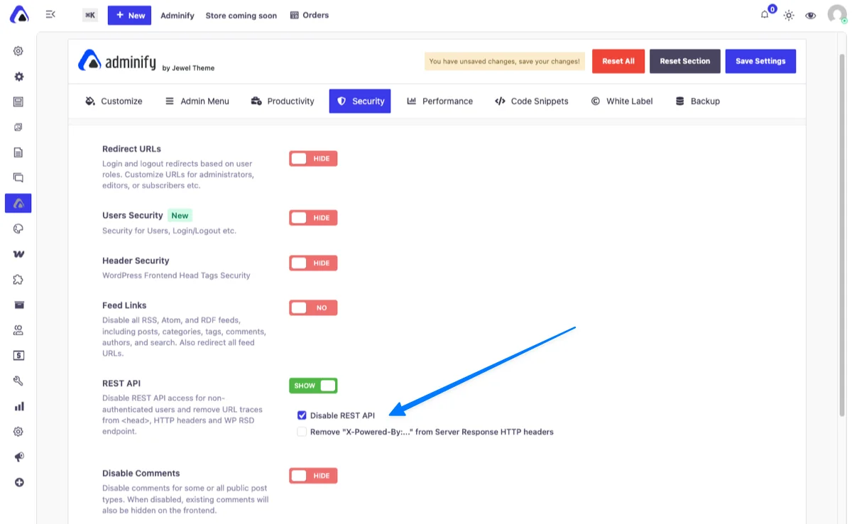 WP Adminify Security settings REST API section with Disable REST API checkbox ticked and the Save Settings button for blocking user enumeration