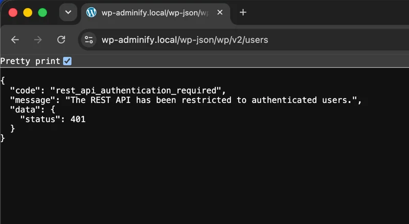 WordPress REST API users endpoint after enabling WP Adminify Disable REST API showing a 401 rest_api_authentication_required response instead of leaked usernames