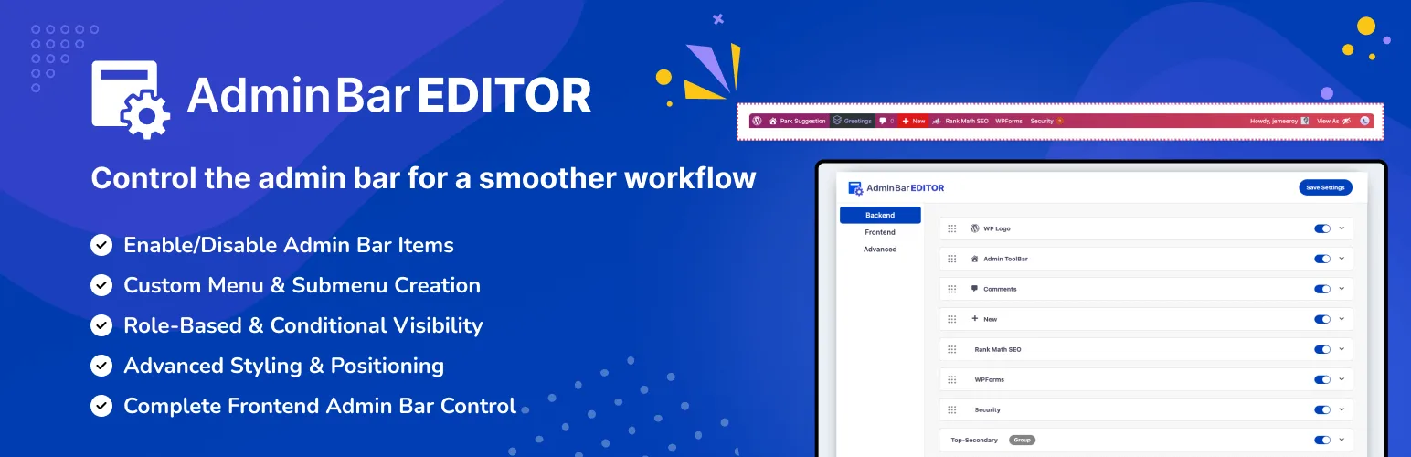 Admin Bar Editor WordPress toolbar customization plugin banner