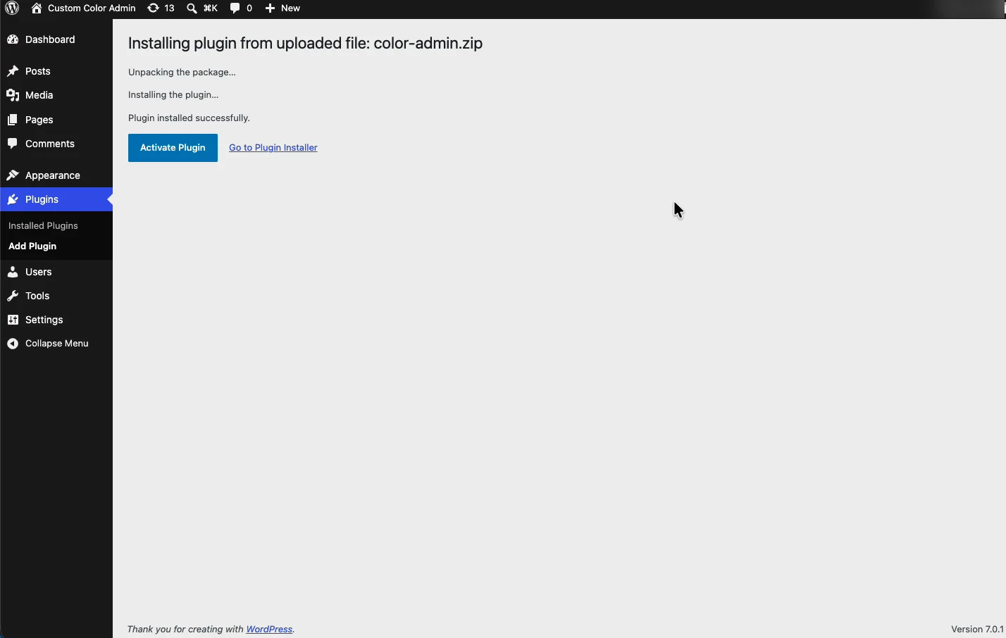 WordPress showing plugin installed successfully from color-admin.zip with the Activate Plugin button
