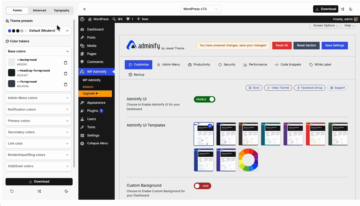 WordPress admin color generator tool showing the palette panel next to a live WordPress dashboard preview
