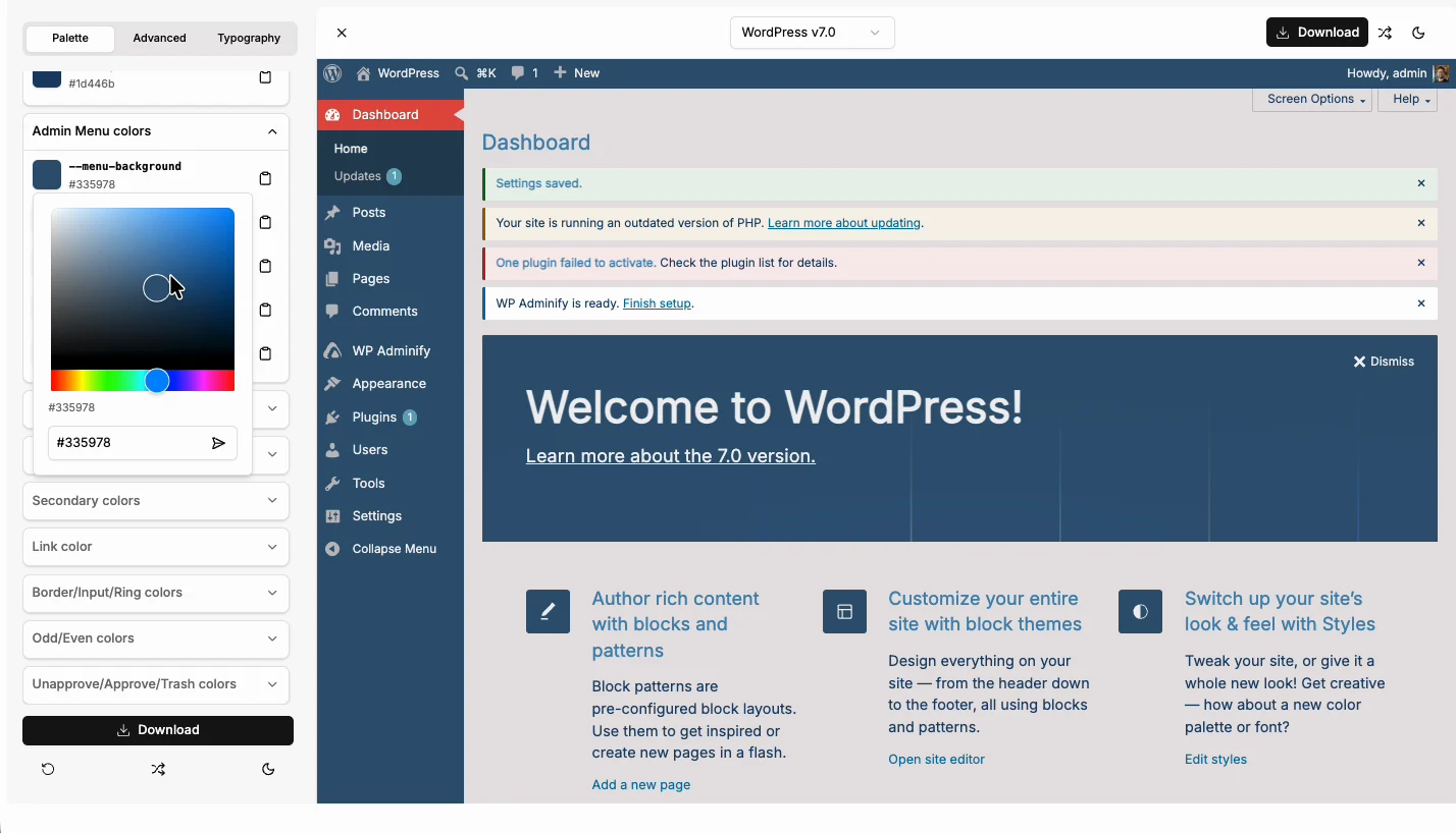 Color picker editing the admin menu background token while the WordPress dashboard preview updates live